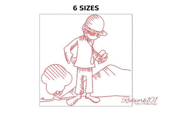 Cartoon Boy Listening Music Redwork